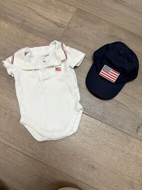 Janie and Jack White Baby Polo Onesie with Navy American Flag Cap